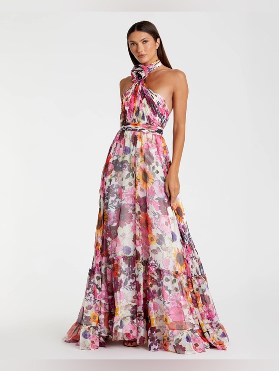 Mac Duggal Dresses & Skirts - Mac Duggal Asymmetrical Ruffled Halter Gown Floral Maxi Dress Size 4